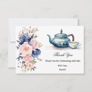 Carte De Remerciements Fête de mariage Florale Bleue et Rose pour le Thé