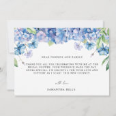 Carte De Remerciements Fête de mariage Florale Hydrangea Bleu Moderne (Dos)