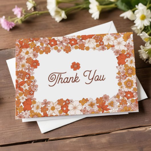 Carte De Remerciements Fête de mariage Groovy Rétro Rose Orange