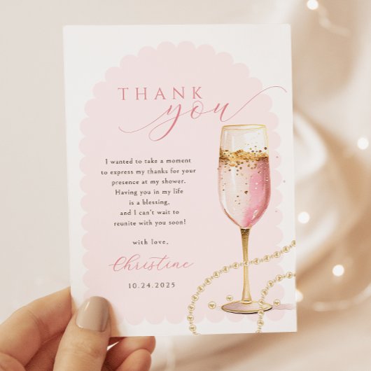 Carte De Remerciements Fête de Mariage Perles Roses Or et Prosecco