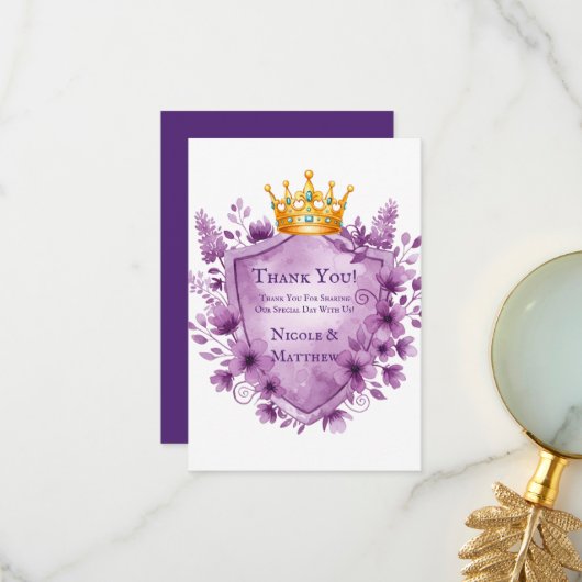 Carte De Remerciements Fête de mariage Royale Couronne Fleurie Violette (Devant/Arrière en situation)
