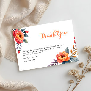 Carte De Remerciements Fête de Quinceañera 15 ans Orange Fleur Aquarelle