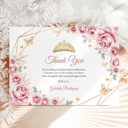 Carte De Remerciements Fête de Quinceañera florale or rose