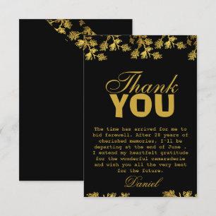 Carte De Remerciements Fête de retraite moderne élégant floral or noir