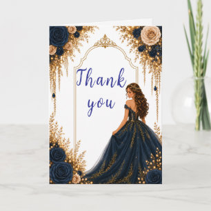 Carte De Remerciements Fête de Sweet Sixteen aux fleurs navies et dorées