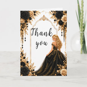 Carte De Remerciements Fête de Sweet Sixteen Fleurs Noir et Or