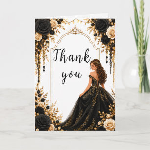 Carte De Remerciements Fête de Sweet Sixteen Fleurs Noir et Or