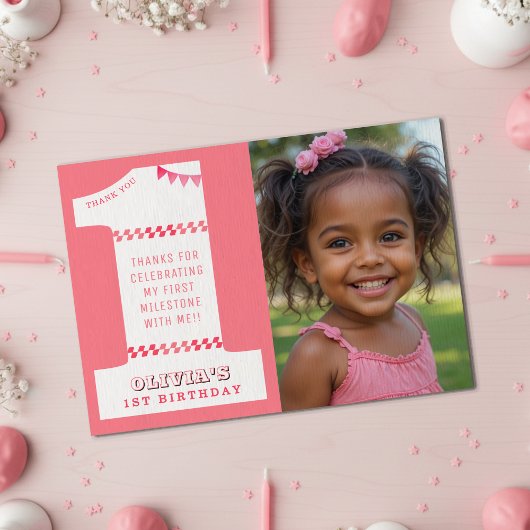 Carte De Remerciements Fête des 1 an Fille Rose Une Photo