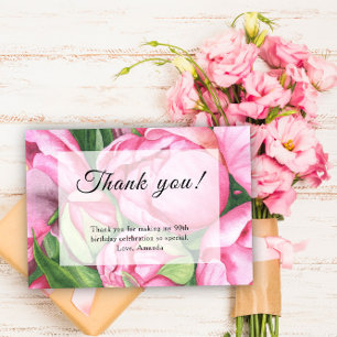 Carte De Remerciements Fête des 90 ans avec des pivoines et des roses