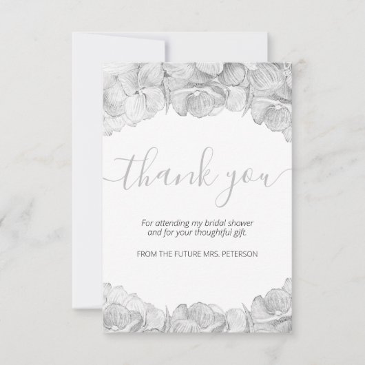 Carte De Remerciements Fête des mariées Argent Hydrangea Floral Script (Devant)