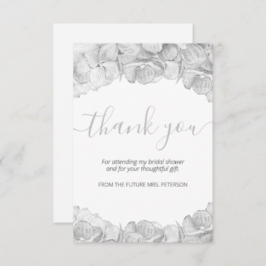 Carte De Remerciements Fête des mariées Argent Hydrangea Floral Script (Devant / Derrière)