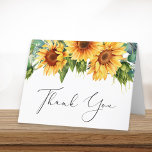 Carte De Remerciements Fête des mariées d'aquarelle de tournesol Eucalypt<br><div class="desc">Douche nuptiale rustique pliée carte de remerciements. L'avant est orné de bouquets d'aquarelle de fleurs de tournesol et de verdure d'eucalyptus et de "Merci" dans un script de calligraphie élégant. À l'intérieur, personnalisez votre message de remerciement et ajoutez votre nom dans un script signature, ou laissez vide pour une note...</div>