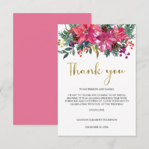 Carte De Remerciements Fête des mariées de Noël Magenta Pink Poinsettia