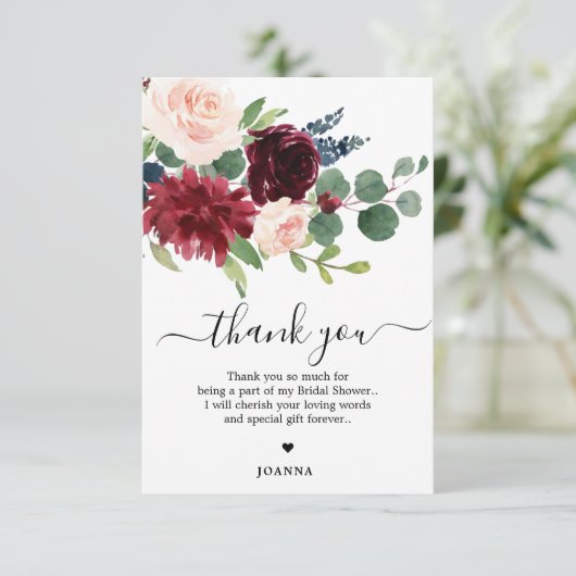 Carte De Remerciements Fête des mariées florale Bleu bleu Bourgogne (Debout devant)