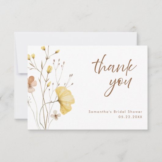 Carte De Remerciements Fête des mariées florale rustique chic jaune (Devant)