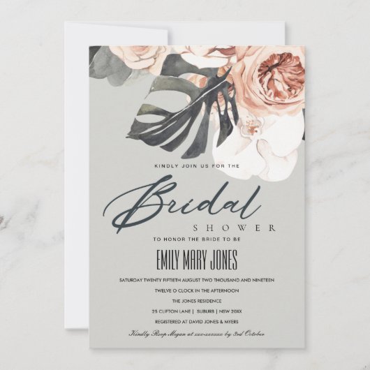 CARTE DE REMERCIEMENTS FÊTE DES MARIÉES MONSTRERA FLORALE DE POINTE GRIS  (Devant)