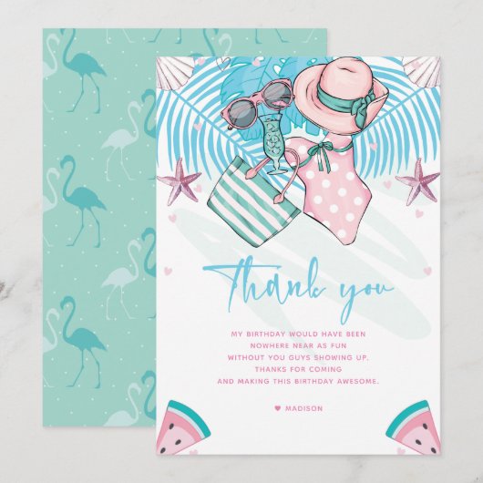 Carte De Remerciements Fête d'été Anniversaire Cute Rose Turquoise (Devant / Derrière)