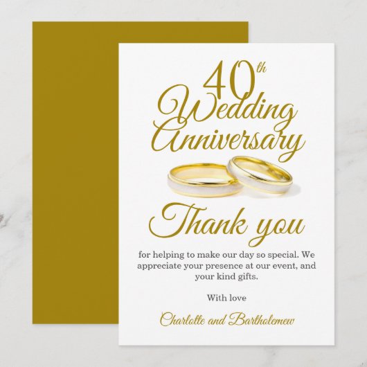 Carte De Remerciements Fête du 40e anniversaire de mariage (Devant / Derrière)