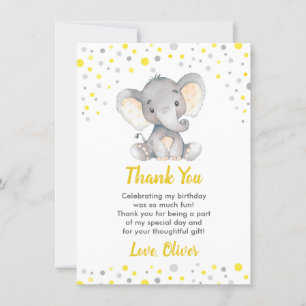 Carte De Remerciements Fête du premier anniversaire de l'éléphant jaune L