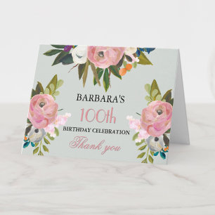 Carte De Remerciements Fête élégante de 100 ans avec fleurs peintes à la