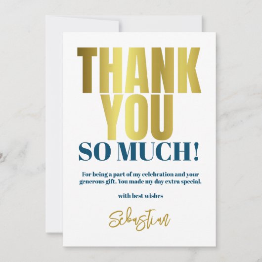 Carte De Remerciements Fête Or Bleu Moderne (Devant)