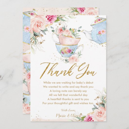 Carte De Remerciements Fête Prénatale Anniversaire Fleurs Rose Rougissant (Devant / Derrière)