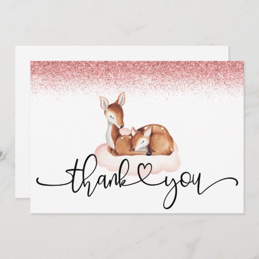 Carte De Remerciements Fête Prénatale Bébé Faon Aquarelle Rose Paillettes (Devant / Derrière)