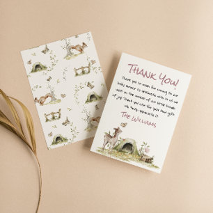 Carte De Remerciements Fête Prénatale Fille Rose Forêt Cerf Lapin Boisée