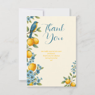 Carte De Remerciements Fête prénuptiale rustique au citron et oiseau bleu