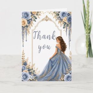 Carte De Remerciements Fête Sweet Sixteen Fleurs Or Bleu Poussiéreux