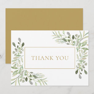 Carte De Remerciements Feuillage de verdure à l'aquarelle Or