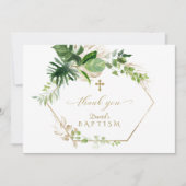 Carte De Remerciements Feuillage Tropical Or Croix Boy Baptême (Devant)