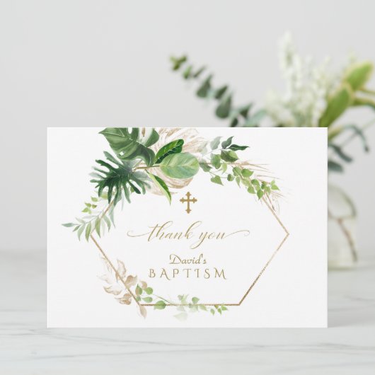 Carte De Remerciements Feuillage Tropical Or Croix Boy Baptême (Debout devant)