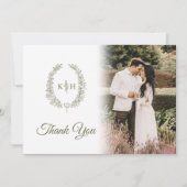 Carte De Remerciements Feuille vert olive monogramme mariage photo QR Cod (Devant)