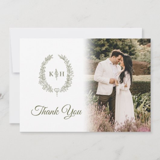 Carte De Remerciements Feuille vert olive monogramme mariage photo QR Cod (Devant)