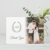 Carte De Remerciements Feuille vert olive monogramme mariage photo QR Cod (Debout devant)