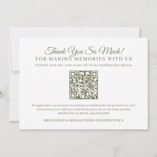 Carte De Remerciements Feuille vert olive monogramme mariage photo QR Cod (Dos)
