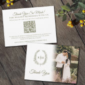 Carte De Remerciements Feuille vert olive monogramme mariage photo QR Cod