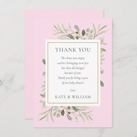 Carte De Remerciements Feuille vert rose bébé fille douche poème (Devant / Derrière)