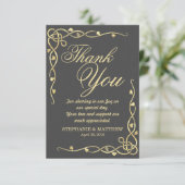 Carte De Remerciements Feuilles de vigne élégantes dorées sur fond noir (Debout devant)