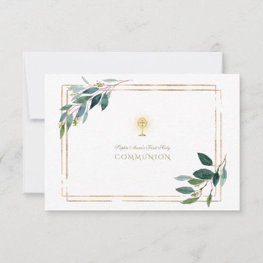 Carte De Remerciements Feuilles d'eucalyptus Or Première Communion (Dos)