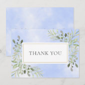 Carte De Remerciements Feuilles élégantes de verdure Aquarelle bleue Merc (Devant / Derrière)