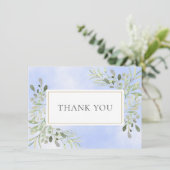 Carte De Remerciements Feuilles élégantes de verdure Aquarelle bleue Merc (Debout devant)