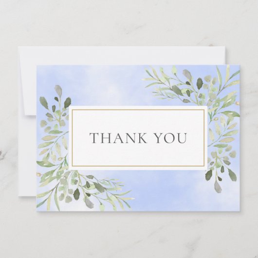 Carte De Remerciements Feuilles élégantes de verdure Aquarelle bleue Merc (Devant)