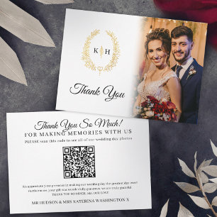 Carte De Remerciements Feuilles ovales noir blanc mariage photo QR Code