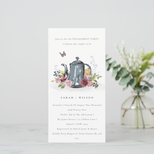 Carte De Remerciements Fiançailles de théière Floral Rose à feuilles mign (Debout devant)