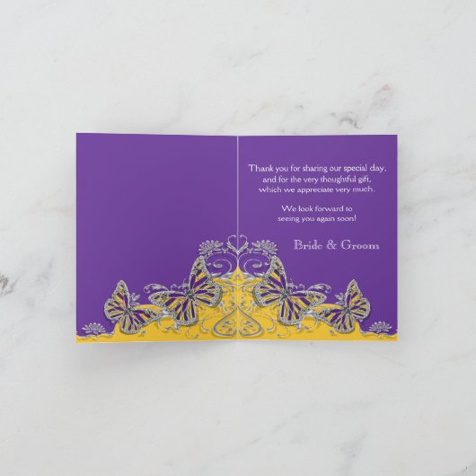 Carte De Remerciements Fiançailles jaune pourpre de mariage de papillon (Intérieur)