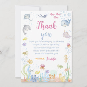 Carte De Remerciements Fille 1er anniversaire sous la mer à l'aquarelle