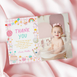 Carte De Remerciements Fille à carreaux colorés Photo d'anniversaire 1 an