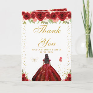 Carte De Remerciements Fille à peau noire florale rouge Sweet Sixteen